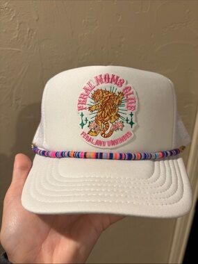 White Trucker Hat with Feral Moms Club Patch and Beads